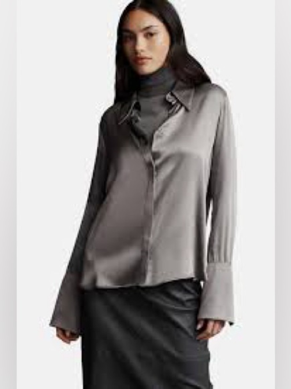 TWP Satin Button-Front Long-Sleeve Top - Gray XS